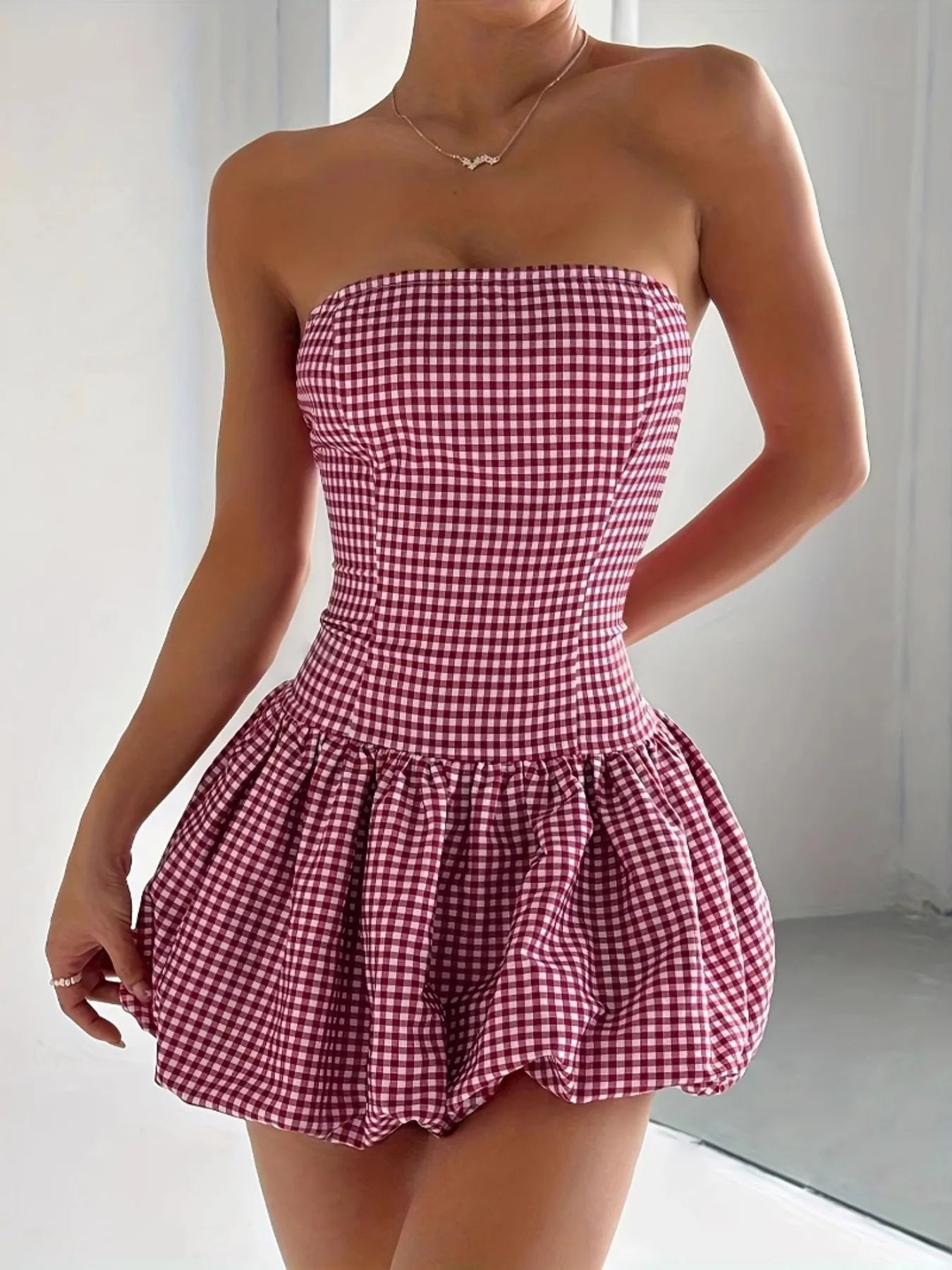 Gingham Tube Bubble Hem Mini Dress - Blushé Belle