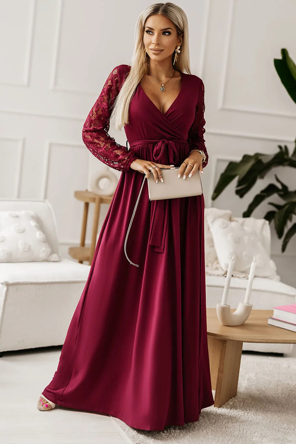 Lace Detail Surplice Tie-Waist Maxi Dress - Blushé Belle