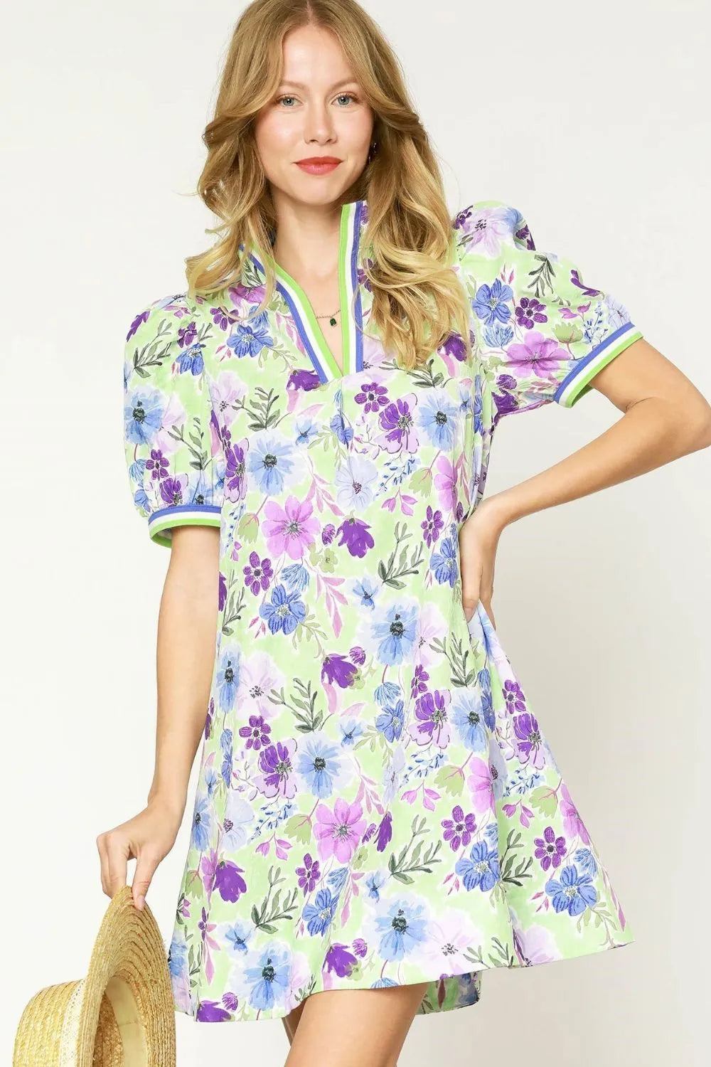 Umgee Floral Print Short Puff Sleeve Mini Dress - Blushé Belle