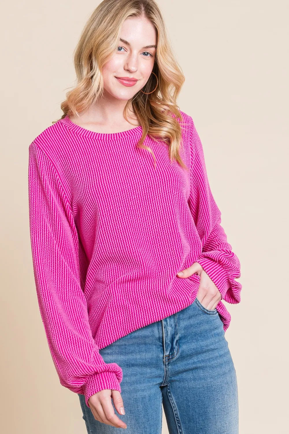 BOMBOM Long Sleeve Curved Hem Ribbed T-Shirt - Blushé Belle
