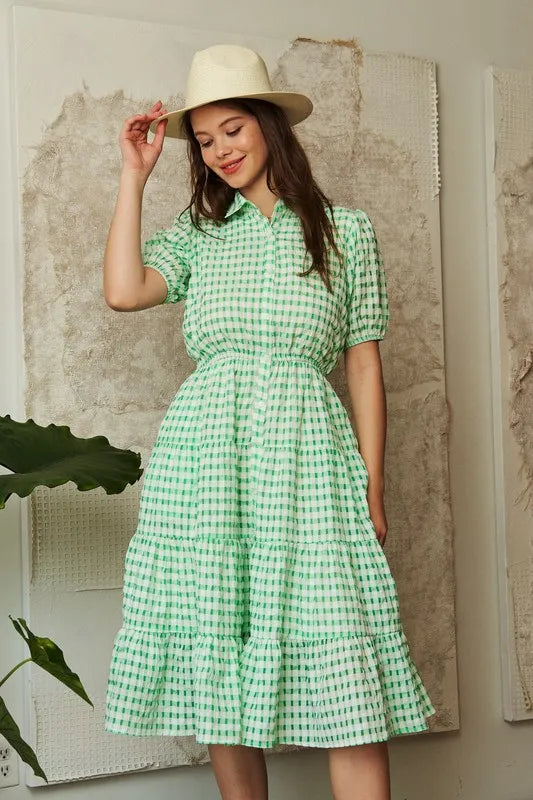 Davi & Dani Checkered Puff Sleeve Tiered Shirt Dress - Blushé Belle