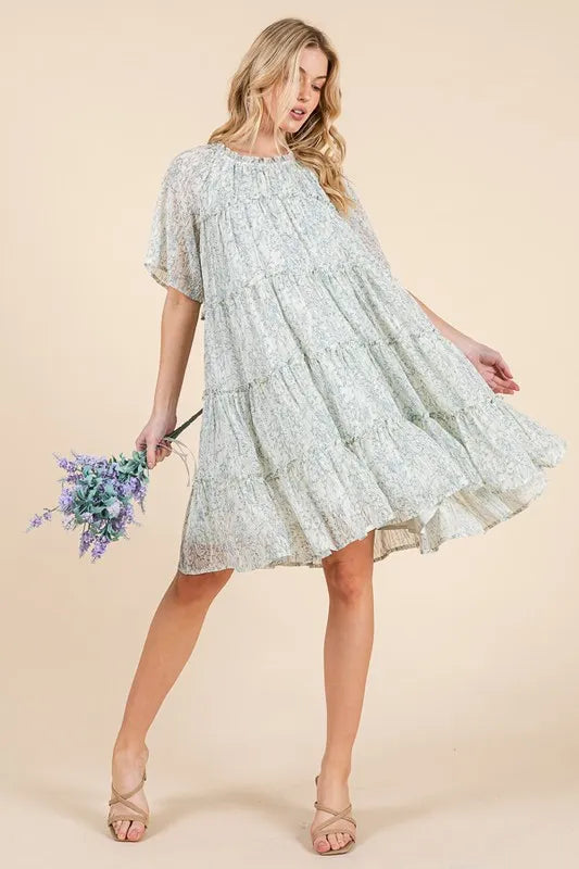 Lime 'N' Chili Ditsy Floral Print Sheer Ruffle Detail Mini Dress - Blushé Belle
