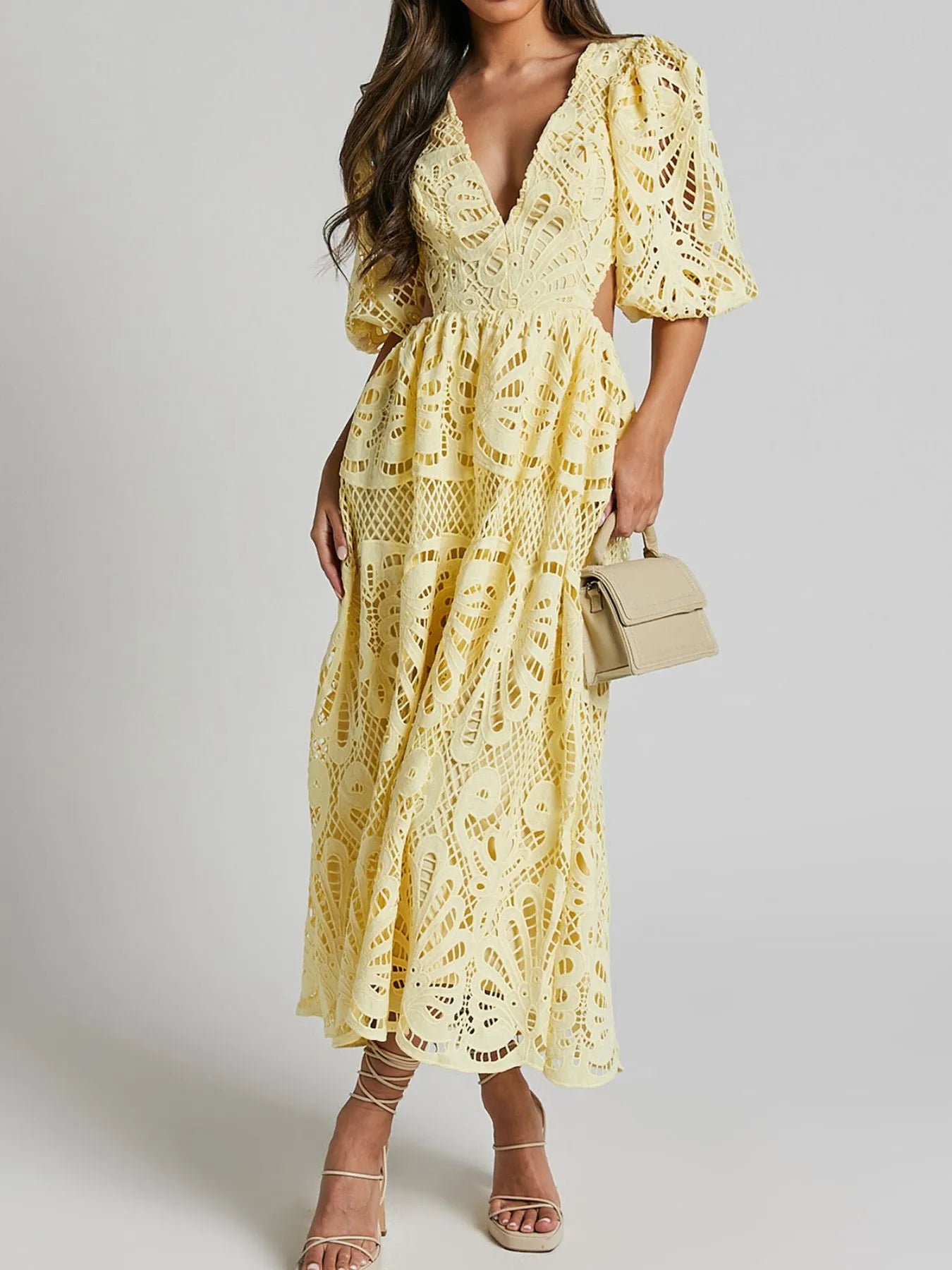Cutout Back Lace Crochet V-Neck Dress - Blushé Belle