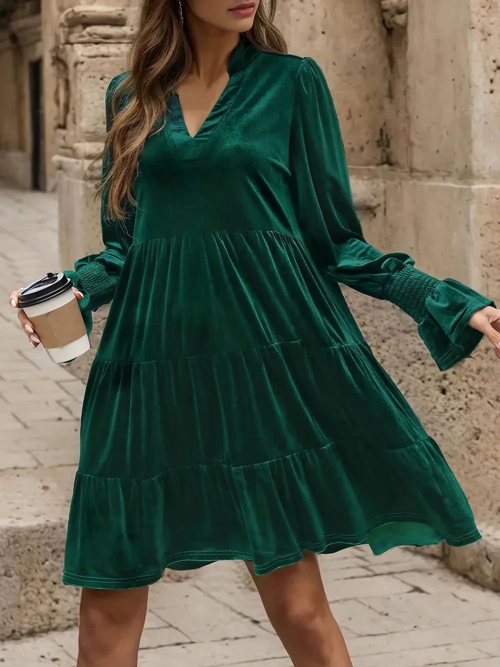 Perfee Notched Long Sleeve Tiered Dress - Blushé Belle
