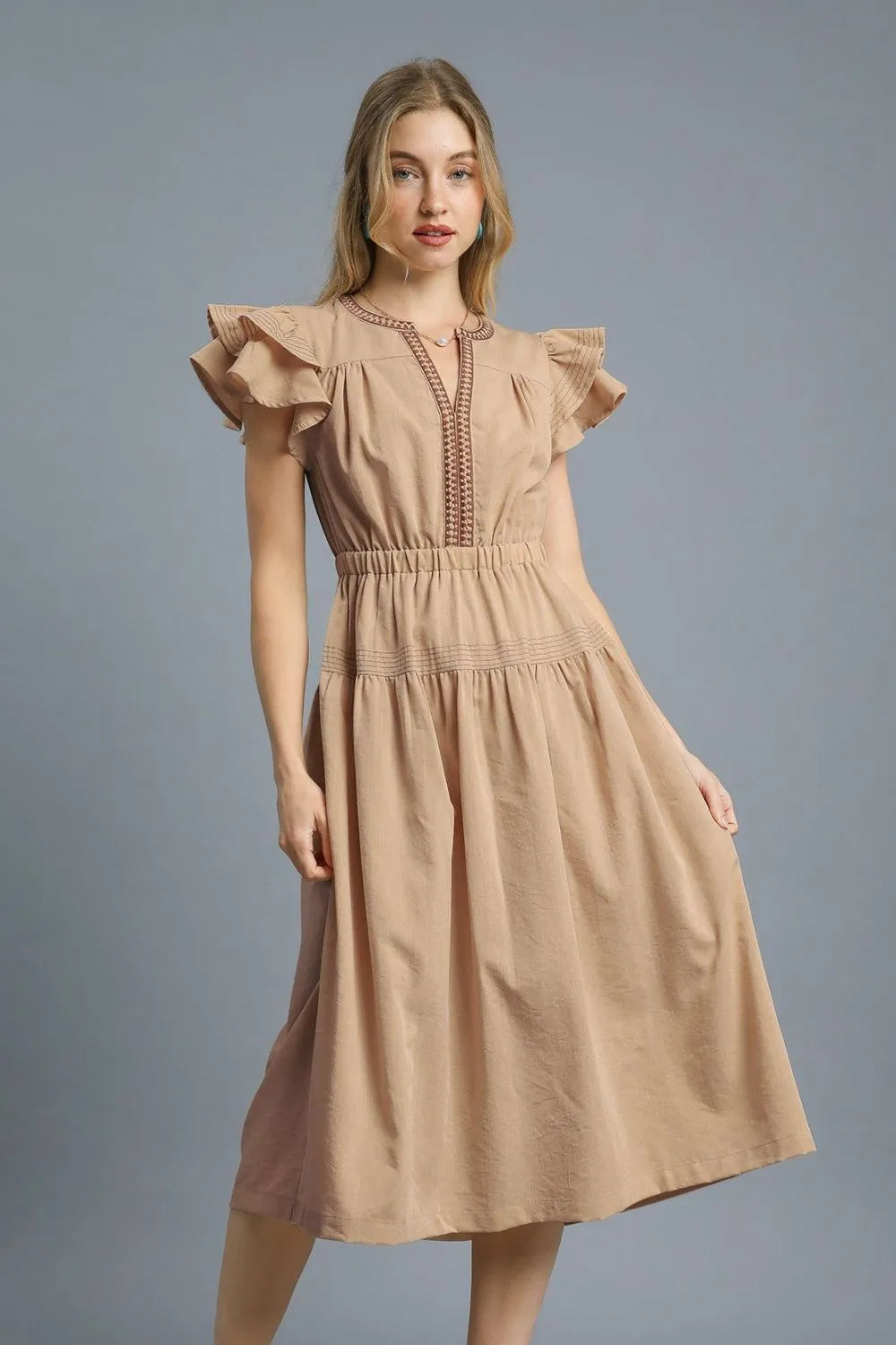 Umgee Ruffled Cap Sleeve Midi Dress with Contrast Trim Detail - Blushé Belle