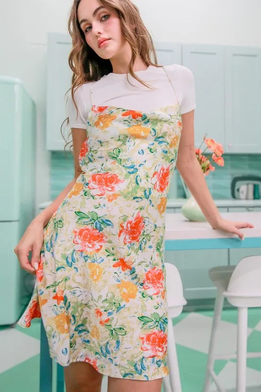 HYFVE Floral Cowl Neck Flirty Satin Mini Dress - Blushé Belle