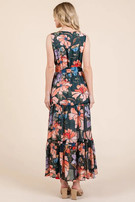 Lime 'N' Chili Floral Print Sleeveless Tie Waist Maxi Dress - Blushé Belle