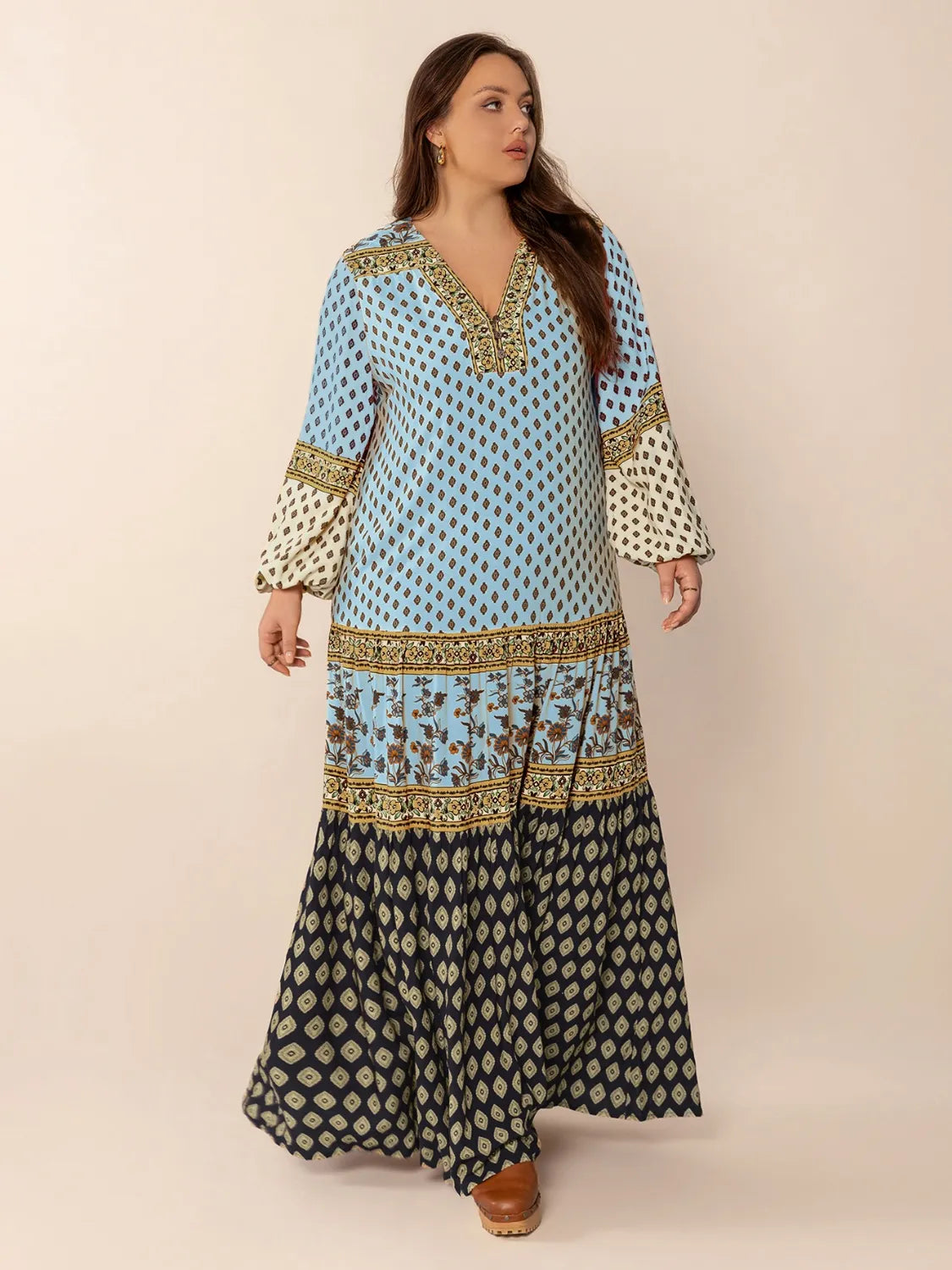 Plus Size Printed V-Neck Balloon Sleeve Maxi Dress - Blushé Belle
