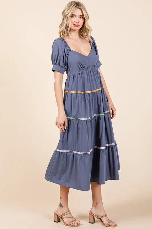 Lime 'N' Chili Trim Detail Puff Sleeve Tiered Maxi Dress - Blushé Belle