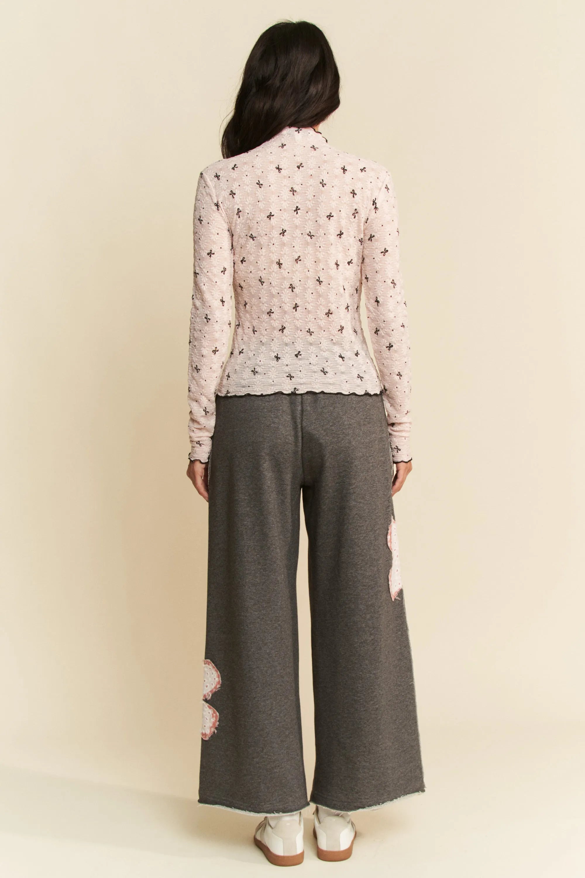 Davi & Dani Ribbon Bow Lace Hem Long Sleeve Mesh Layering Top - Blushé Belle