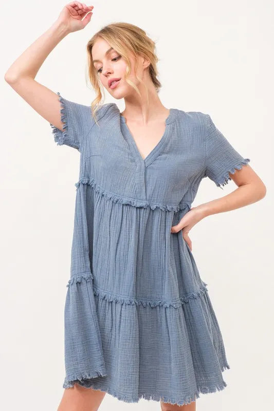 And The Why Washed Frayed Detail Tiered Dress - Blushé Belle