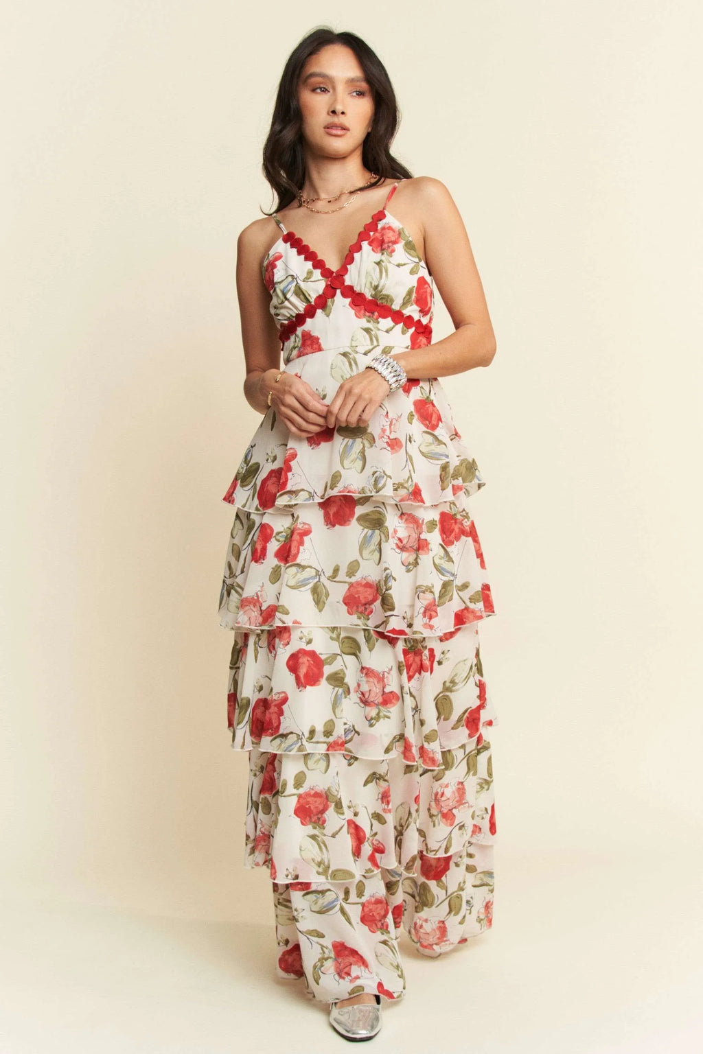 Davi & Dani Contrast Ring Lace Layered Ruffle Maxi Cami Dress - Blushé Belle