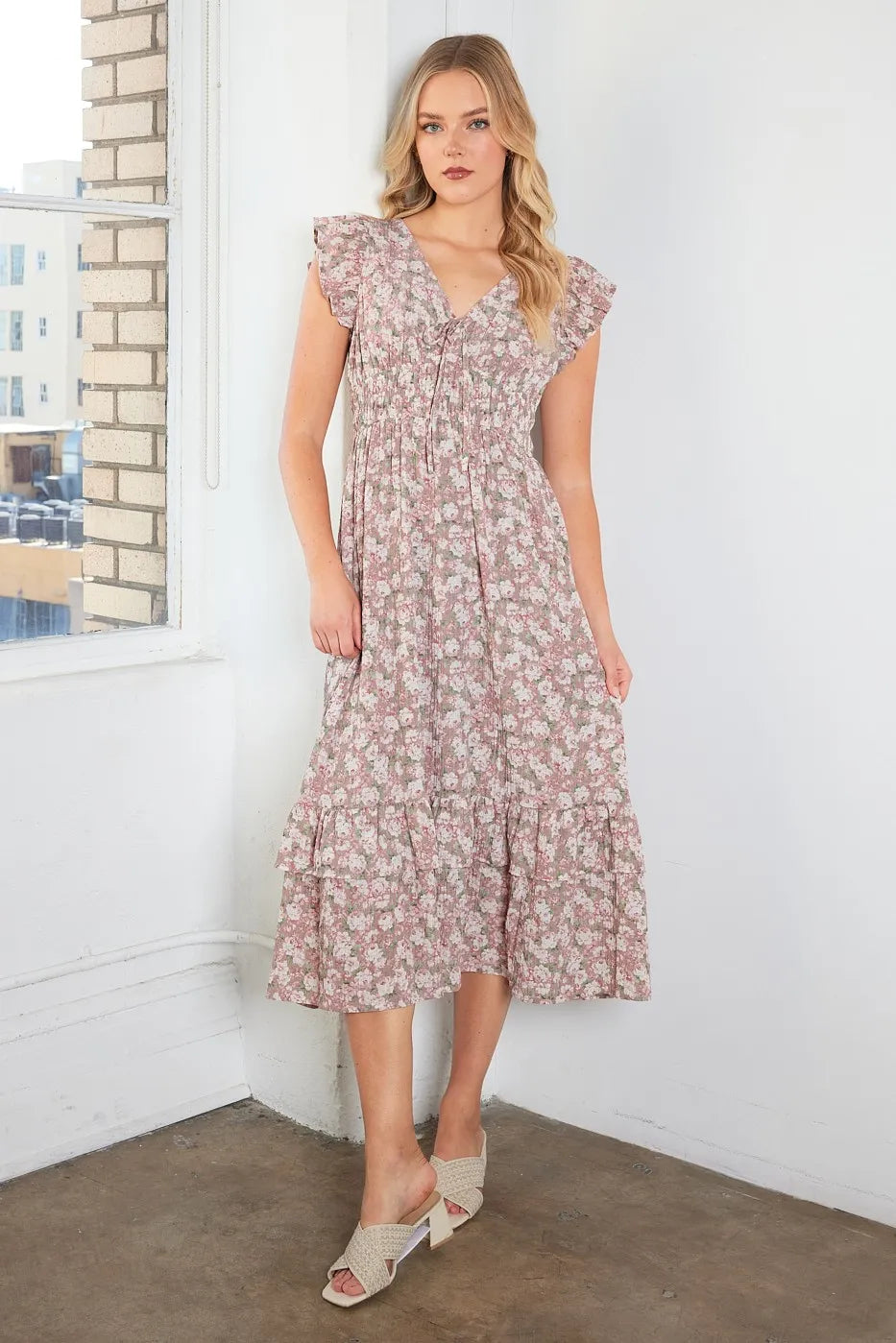 Mittoshop Flower Print Ruffle Cap Sleeve V-neck Midi Dress - Blushé Belle