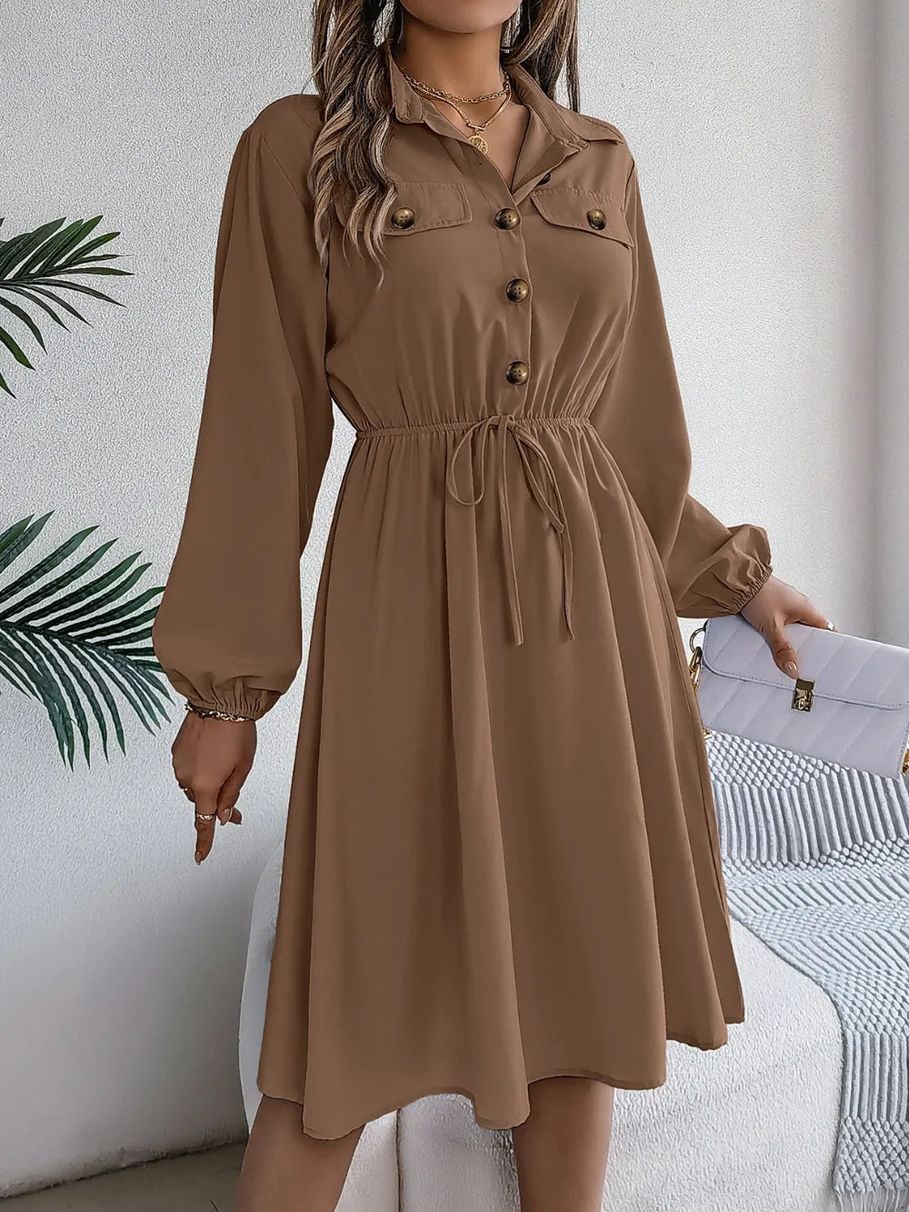 Collared Neck Long Sleeve Dress with Pockets - Blushé Belle