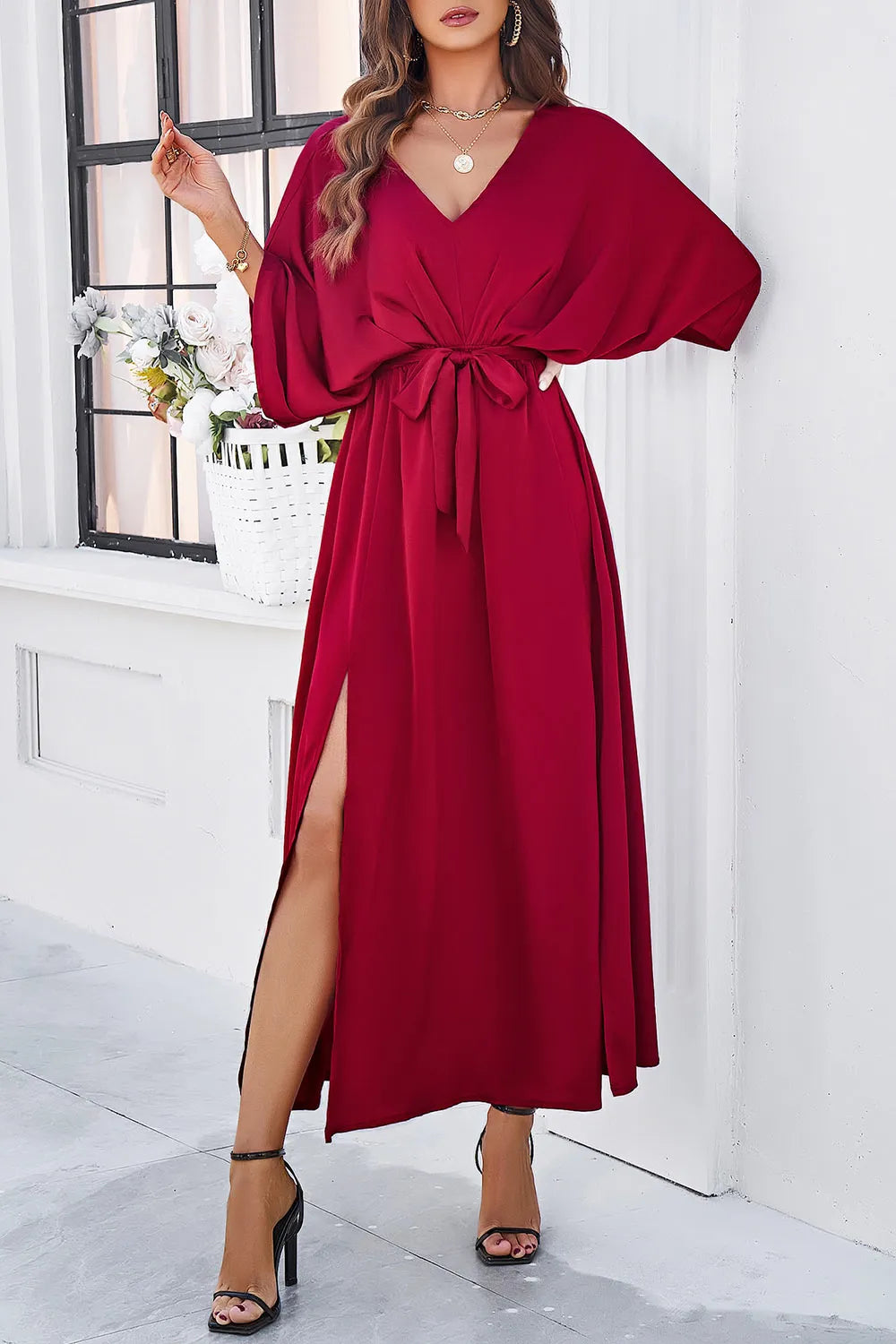 Devine Slit Tied V-Neck Three-Quarter Sleeve Dress - Blushé Belle