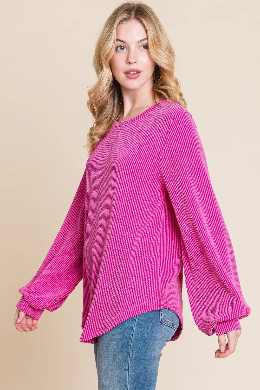 BOMBOM Long Sleeve Curved Hem Ribbed T-Shirt - Blushé Belle