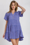 Umgee Full Size Gingham Tiered Button Detail Short Sleeve Dress Plus Size - Blushé Belle