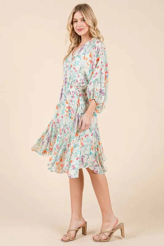 Lime 'N' Chili Floral Cinched Waist Balloon Sleeve V-Neck Dress - Blushé Belle