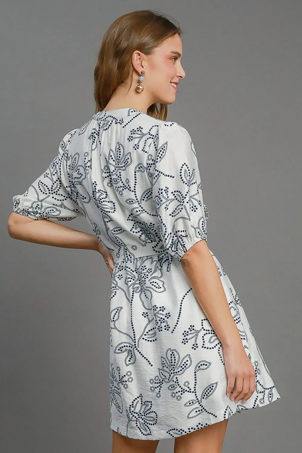Umgee Full Size Floral Print Notched Puff Sleeve Mini Dress Plus Size - Blushé Belle