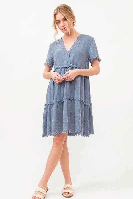 And The Why Washed Frayed Detail Tiered Dress - Blushé Belle