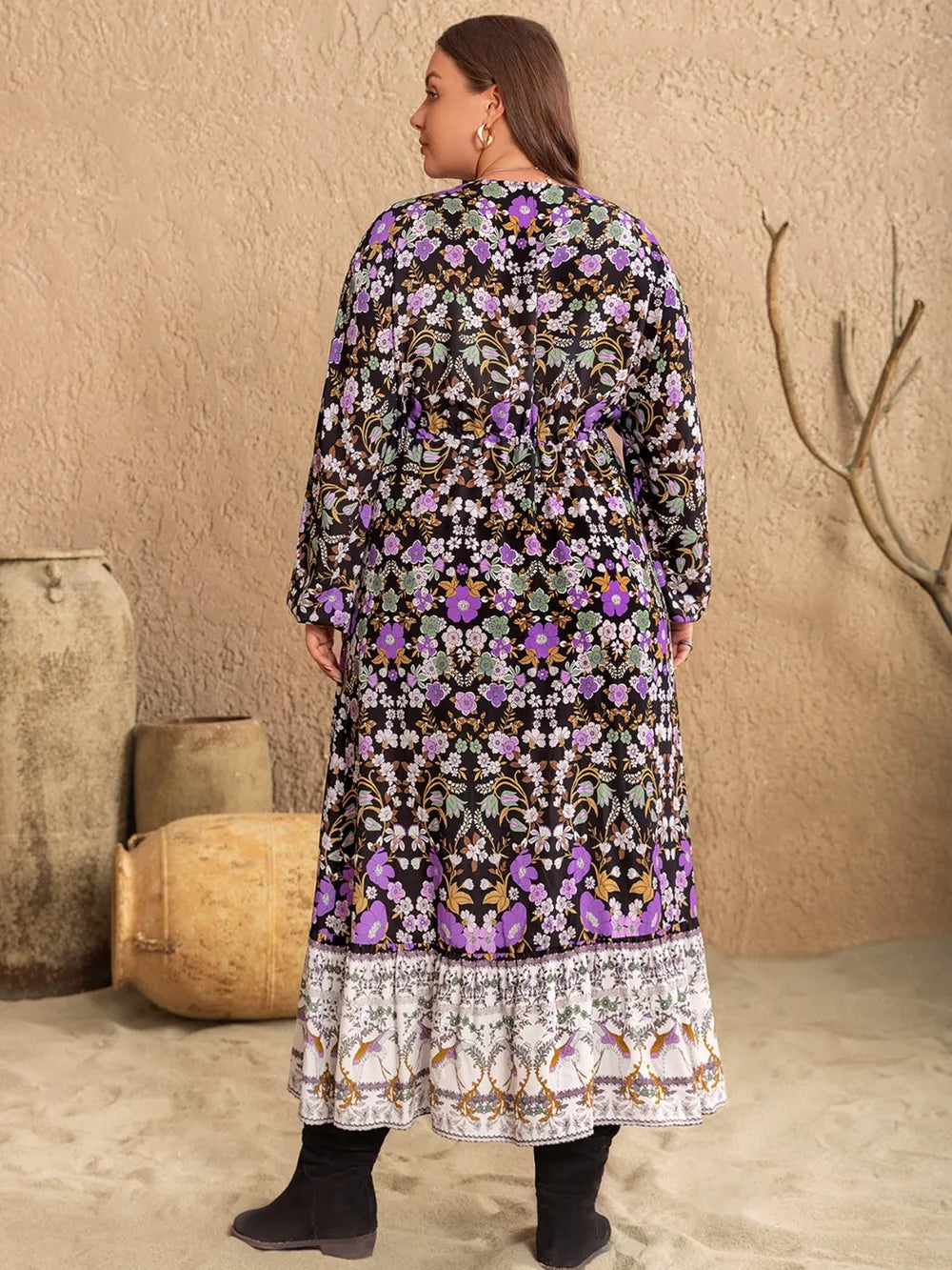 Plus Size V-Neck Balloon Sleeve Printed Midi Dress - Blushé Belle