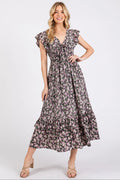 Mittoshop Flower Print Ruffle Cap Sleeve V-neck Midi Dress - Blushé Belle