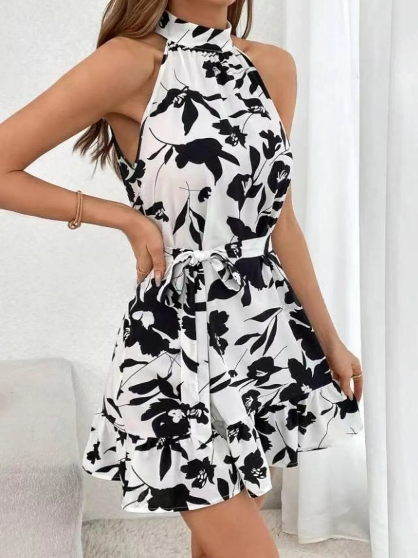 Halter Neck Floral Print Mini Dress - Blushé Belle