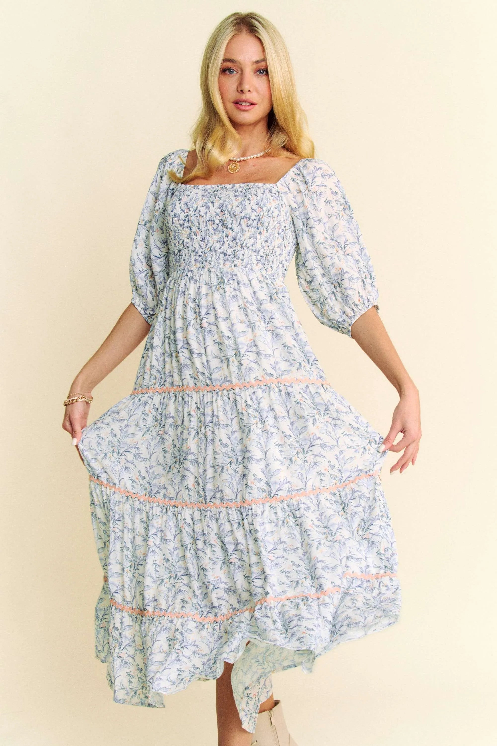 Davi & Dani Contrast Ric Smocking Bodice Tiered Midi Dress - Blushé Belle