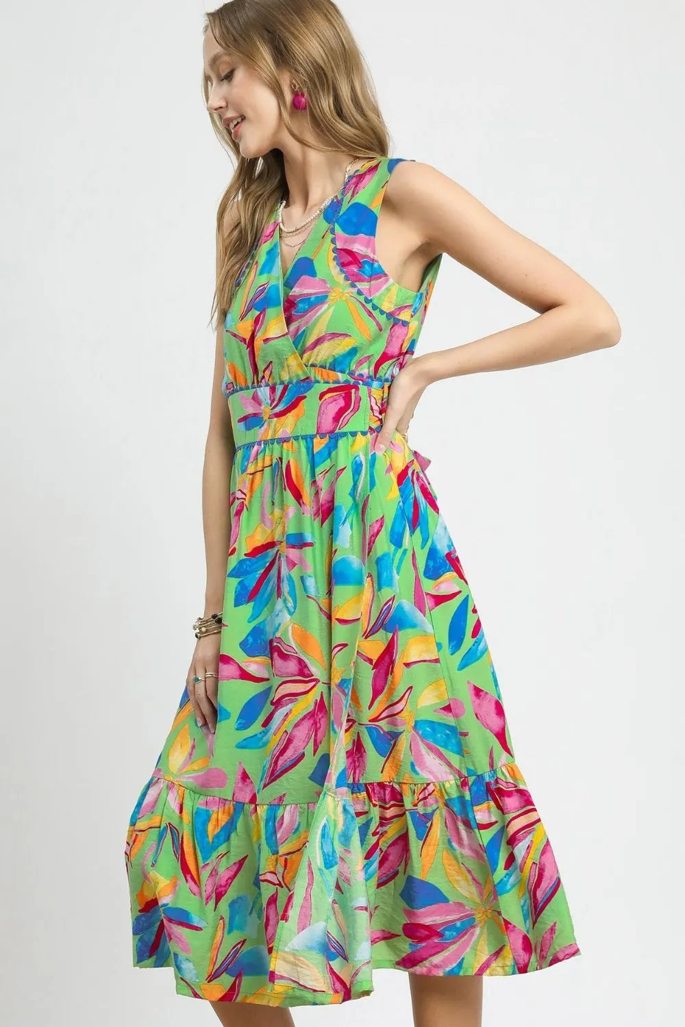 Umgee Ruffled Hem Printed Sleeveless Midi Dress - Blushé Belle