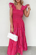 Stripe Flutter Sleeve Smocked Bodice Tiered Maxi Dress - Blushé Belle