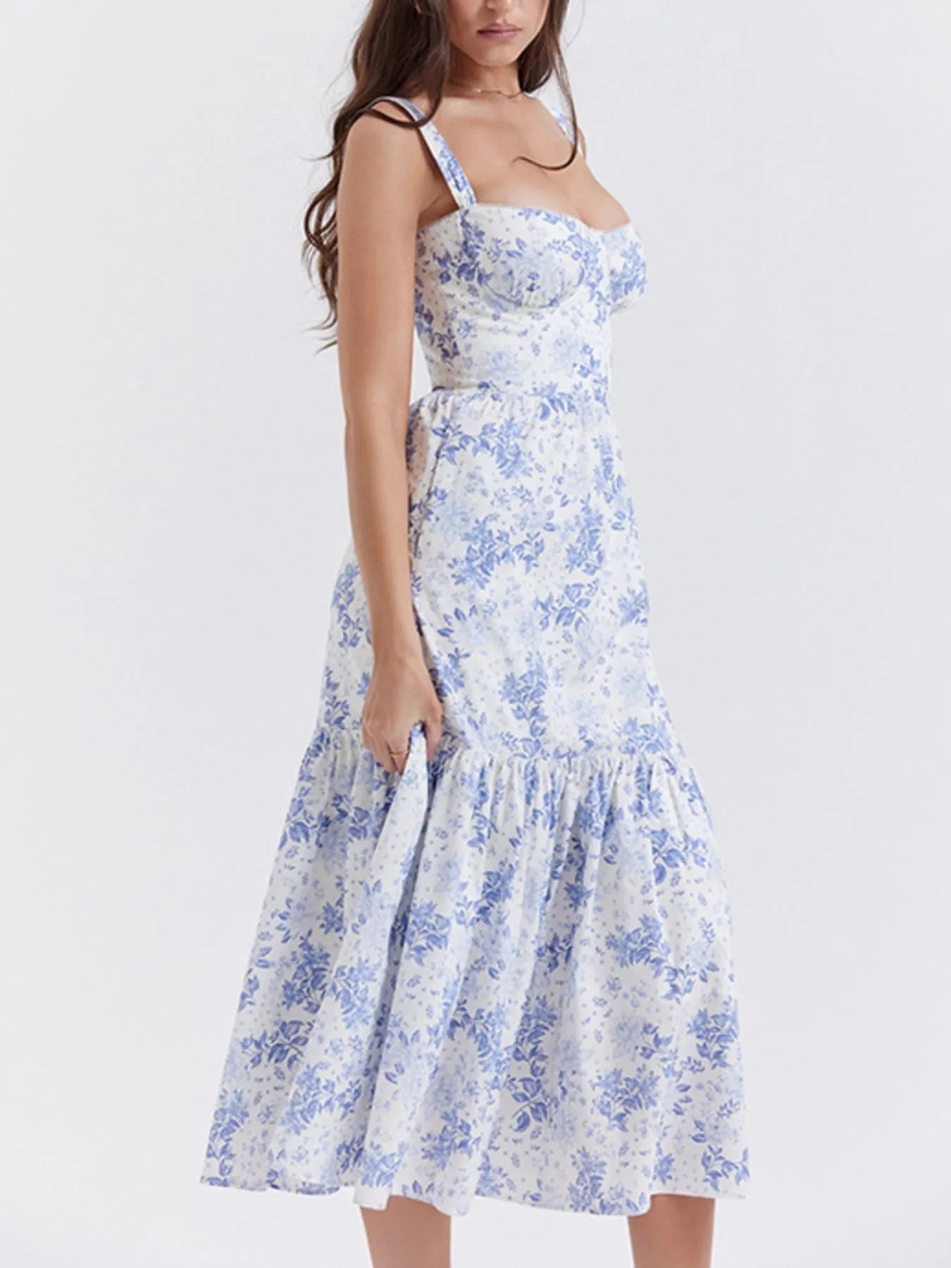 Floral Print Sweetheart Neck Midi Dress - Blushé Belle