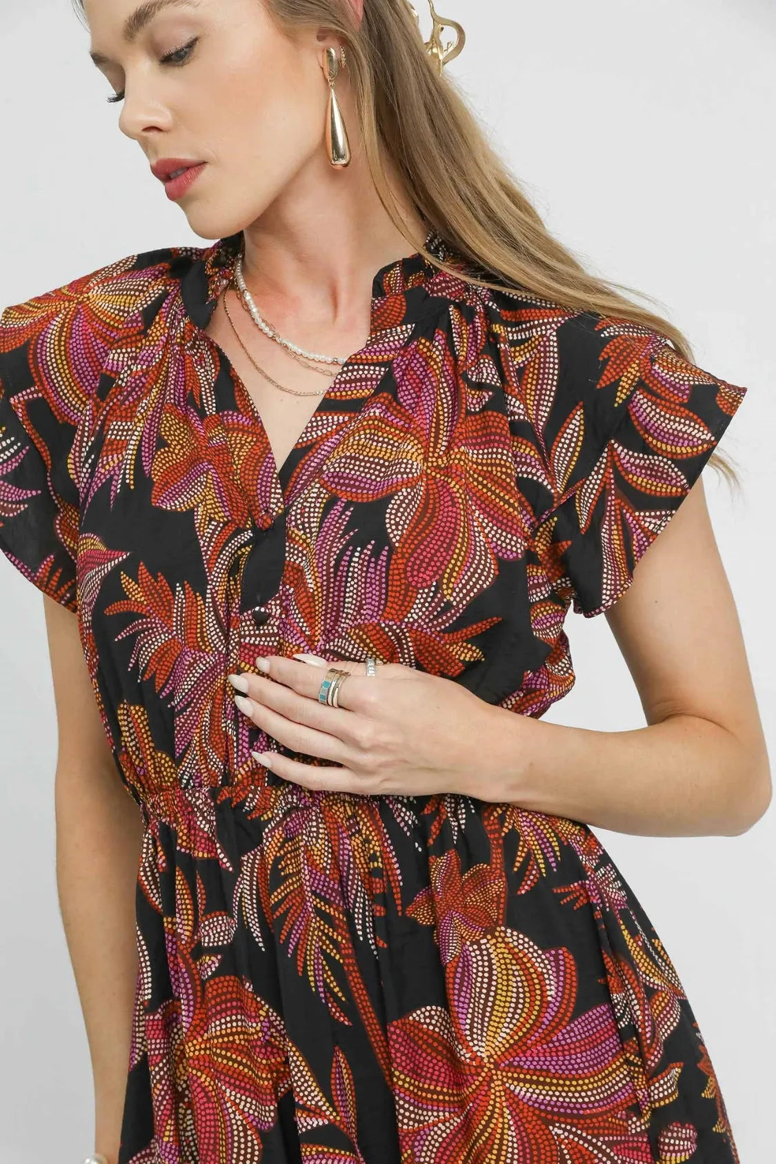 Umgee Mix Ruffle Sleeve Tropical Midi Dress - Blushé Belle