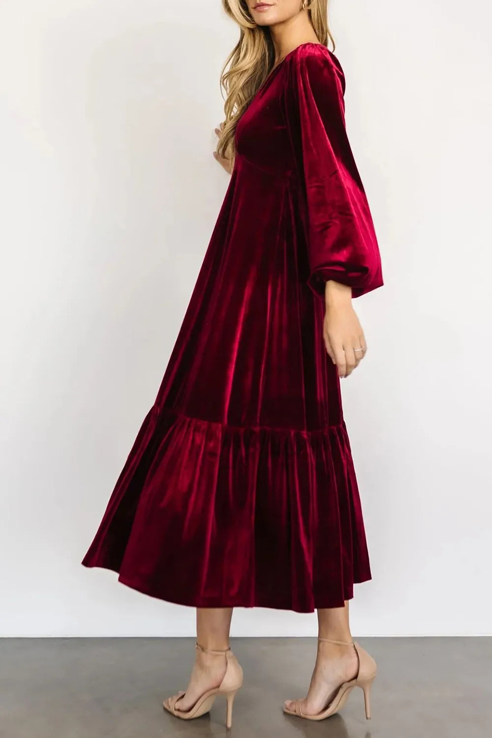 V-Neck Long Sleeve Midi Velvet Dress - Blushé Belle