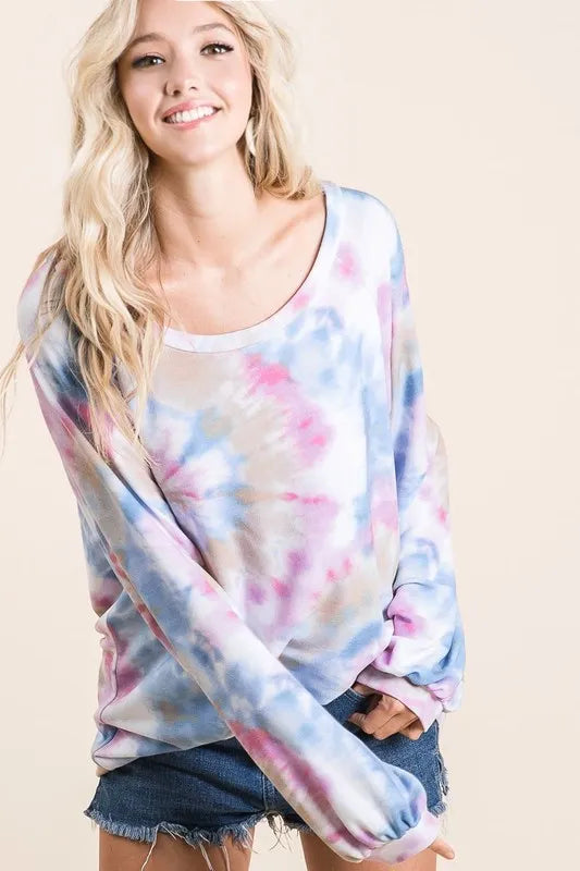 BiBi Tie Dye Print Terry Top With Puff Sleeves - Blushé Belle