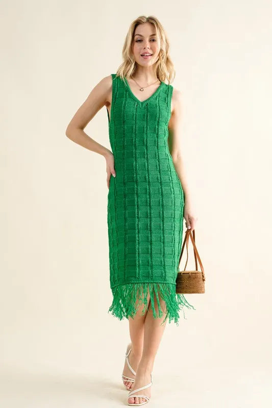 And The Why Checkerboard Drop-Needle Fringe Sleeveless Dress - Blushé Belle