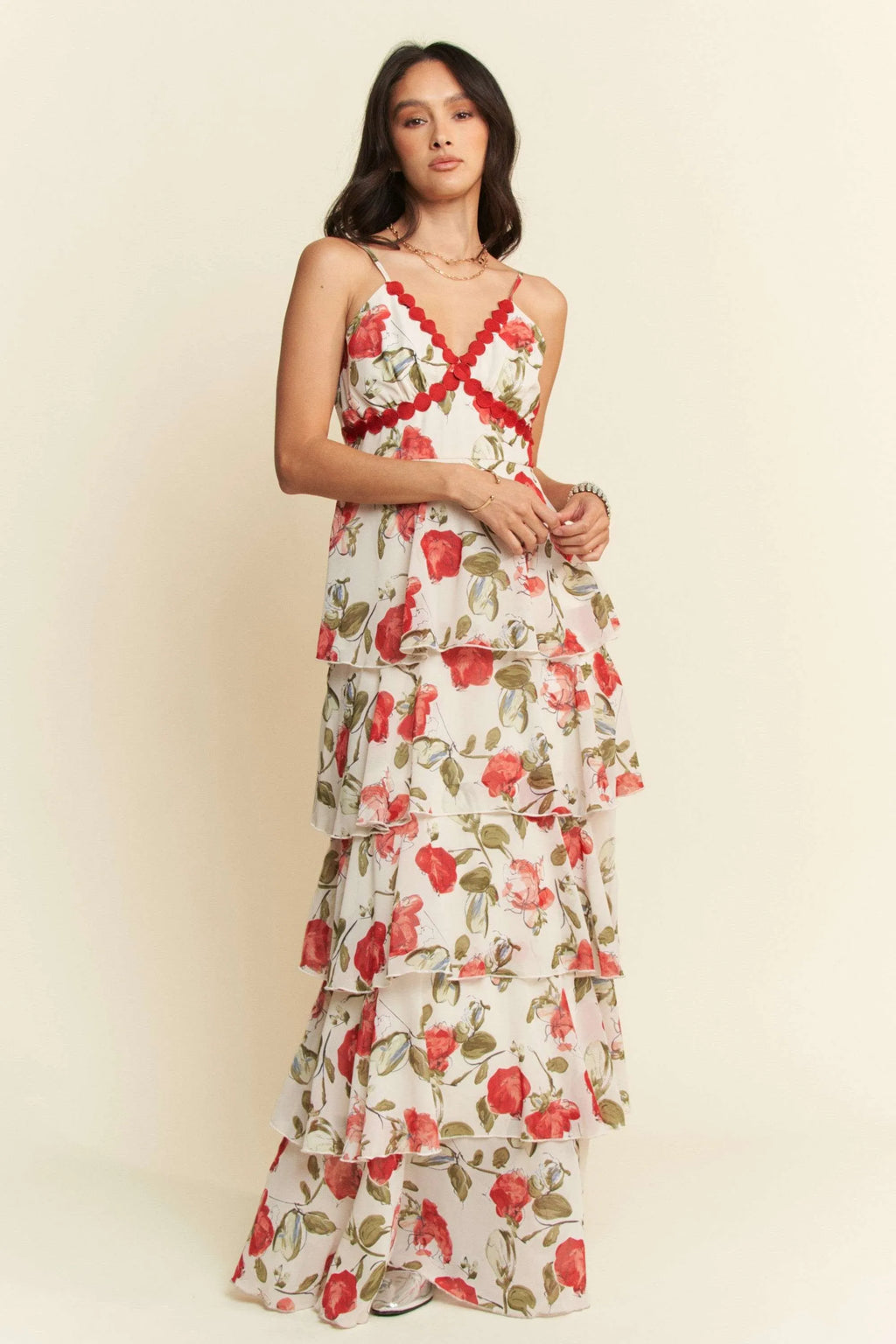 Davi & Dani Contrast Ring Lace Layered Ruffle Maxi Cami Dress - Blushé Belle