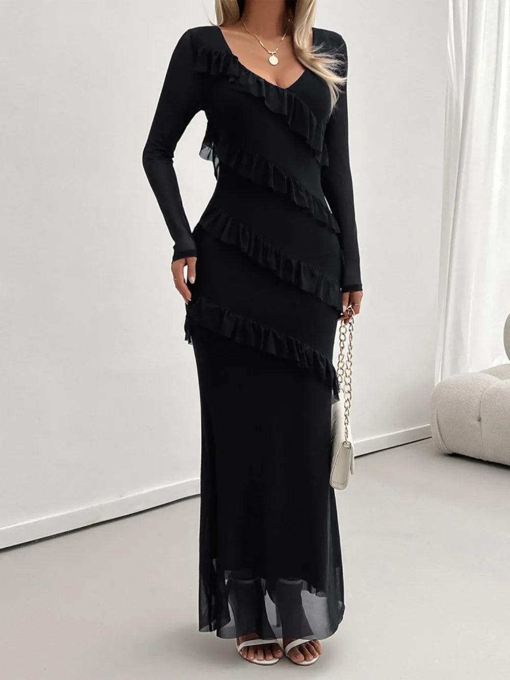 Devine Ruffled Surplice Long Sleeve Maxi Dress - Blushé Belle