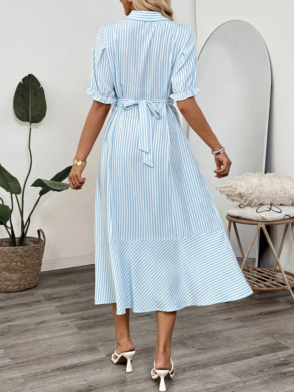 Striped Button-Down Midi Shirt Dress with Ruffle Sleeves - Blushé Belle
