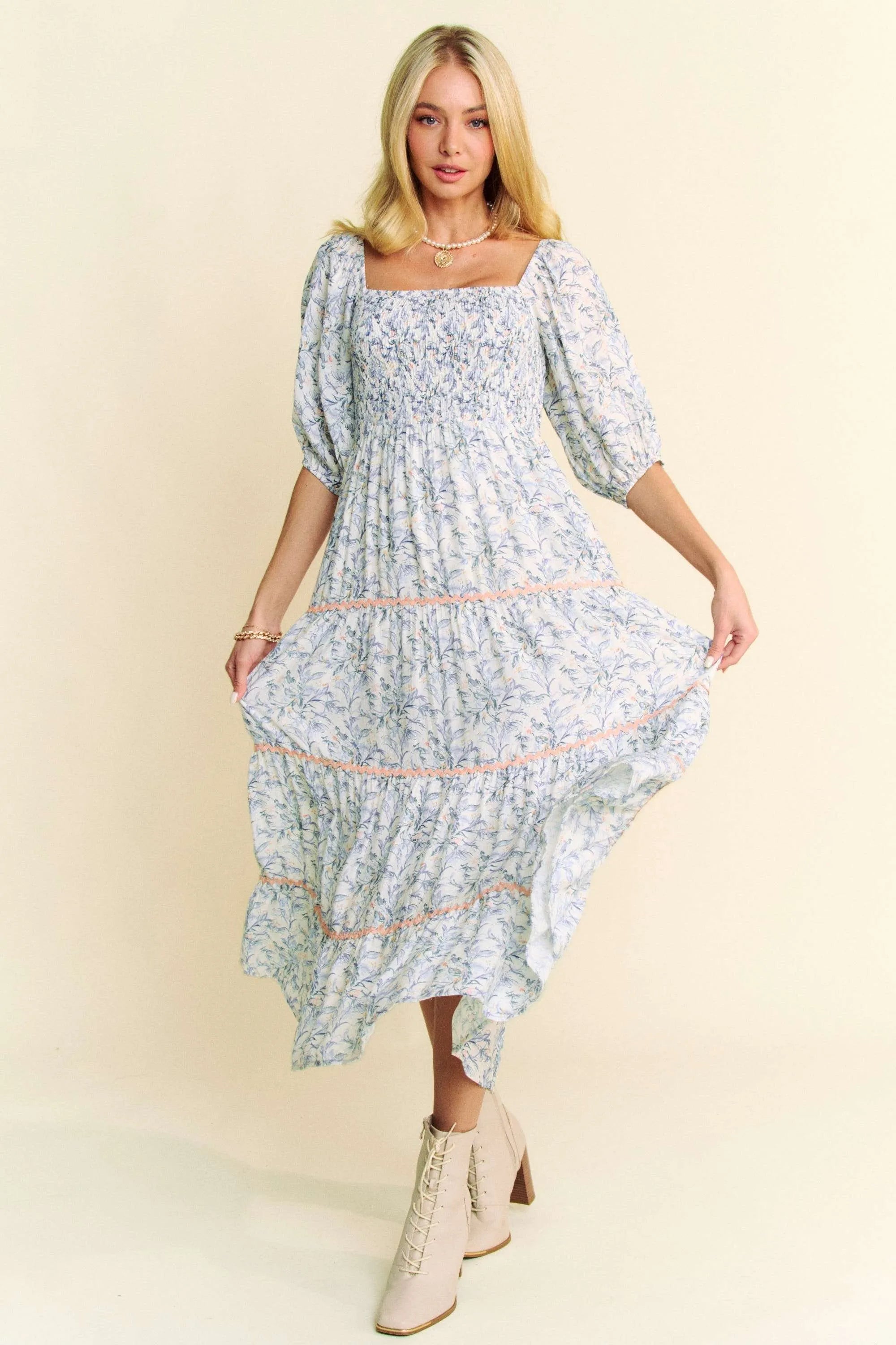 Davi & Dani Contrast Ric Smocking Bodice Tiered Midi Dress - Blushé Belle