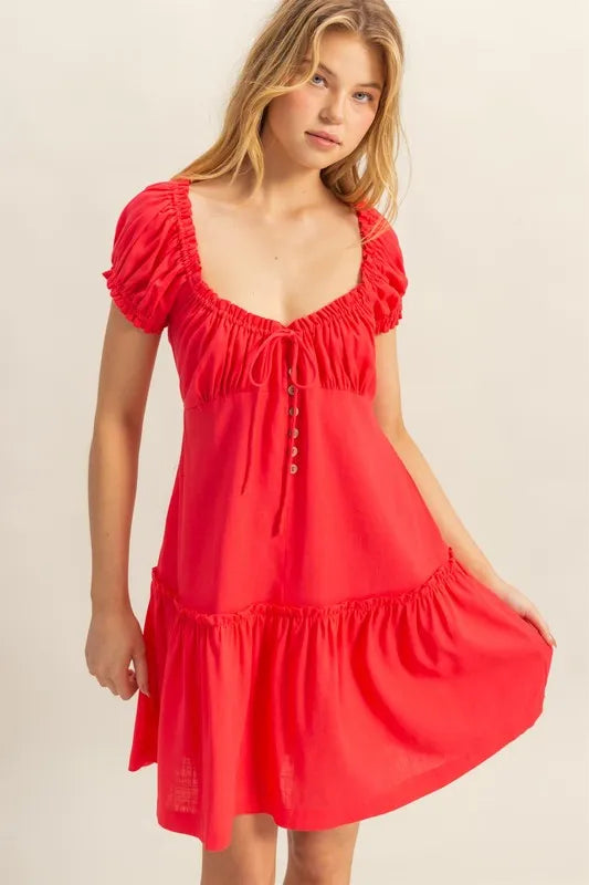 HYFVE Ruched Frill Tiered Short Sleeve Mini Dress - Blushé Belle