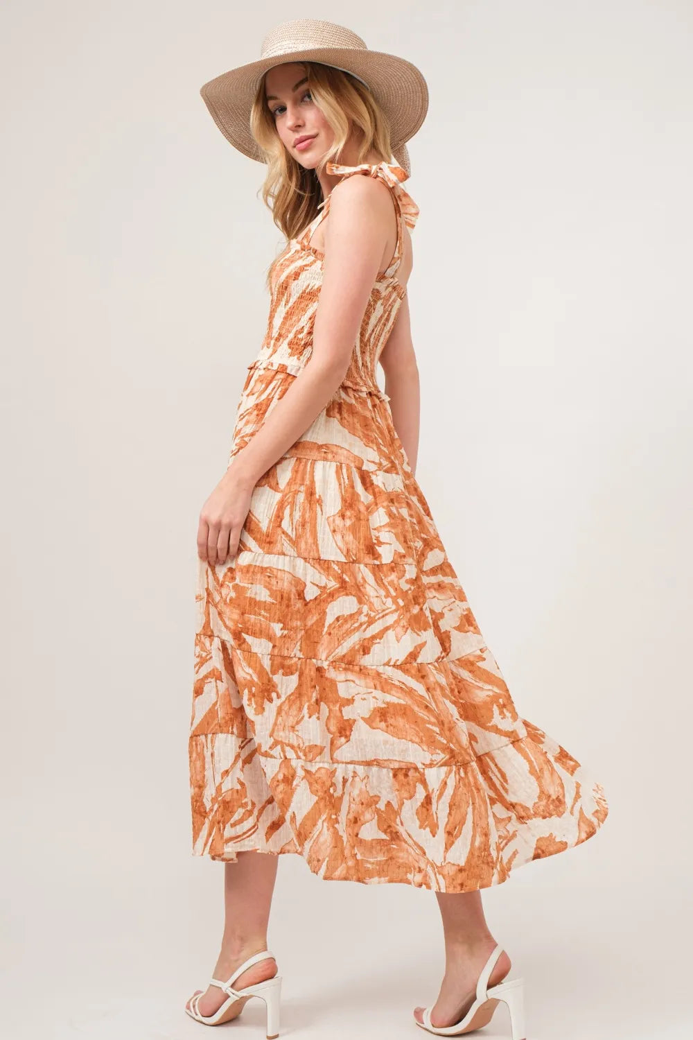 And The Why Tie Shoulder Smocked Midi Tiered Dress - Blushé Belle