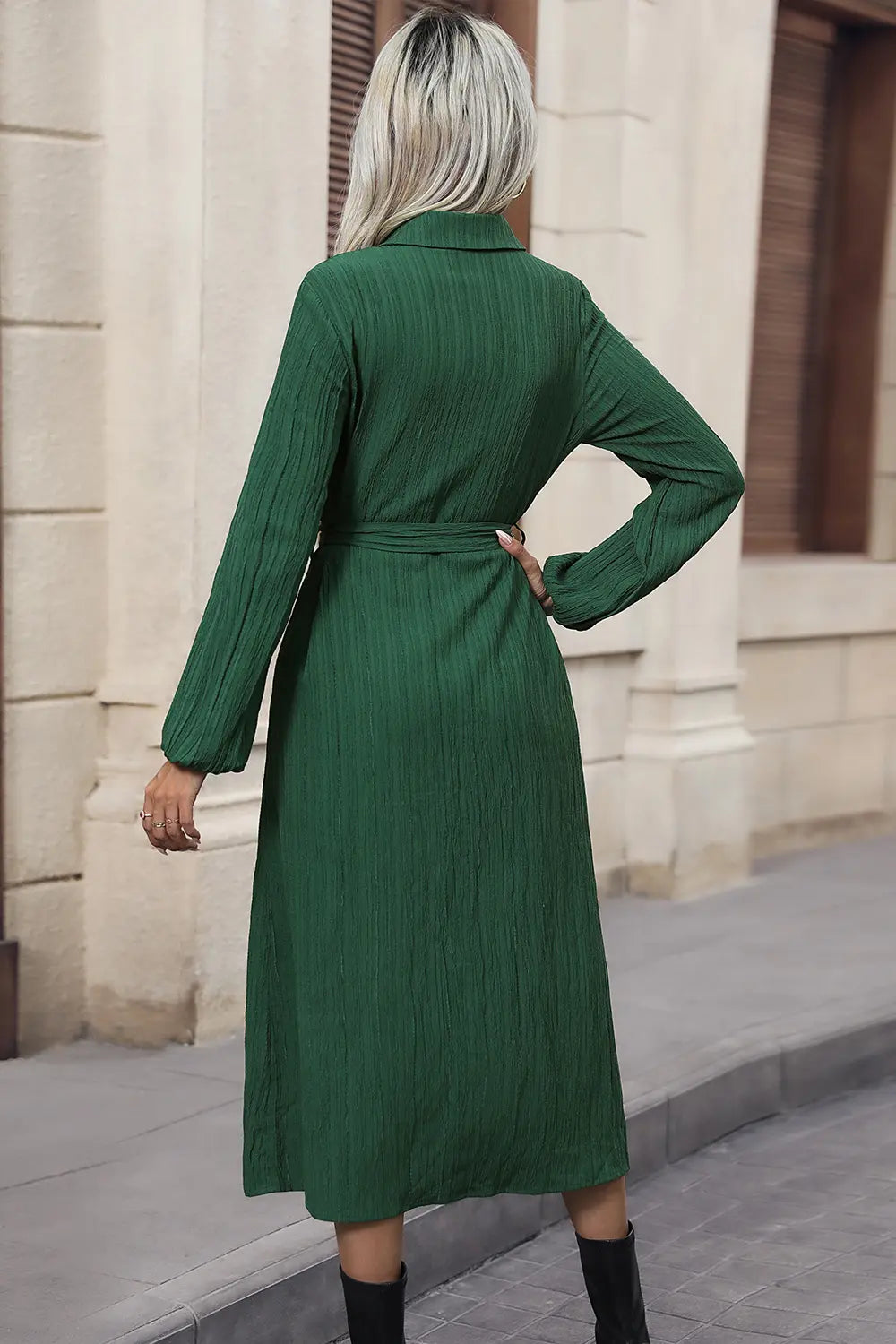 Perfee Texture Tied Collared Neck Button Front Dress - Blushé Belle