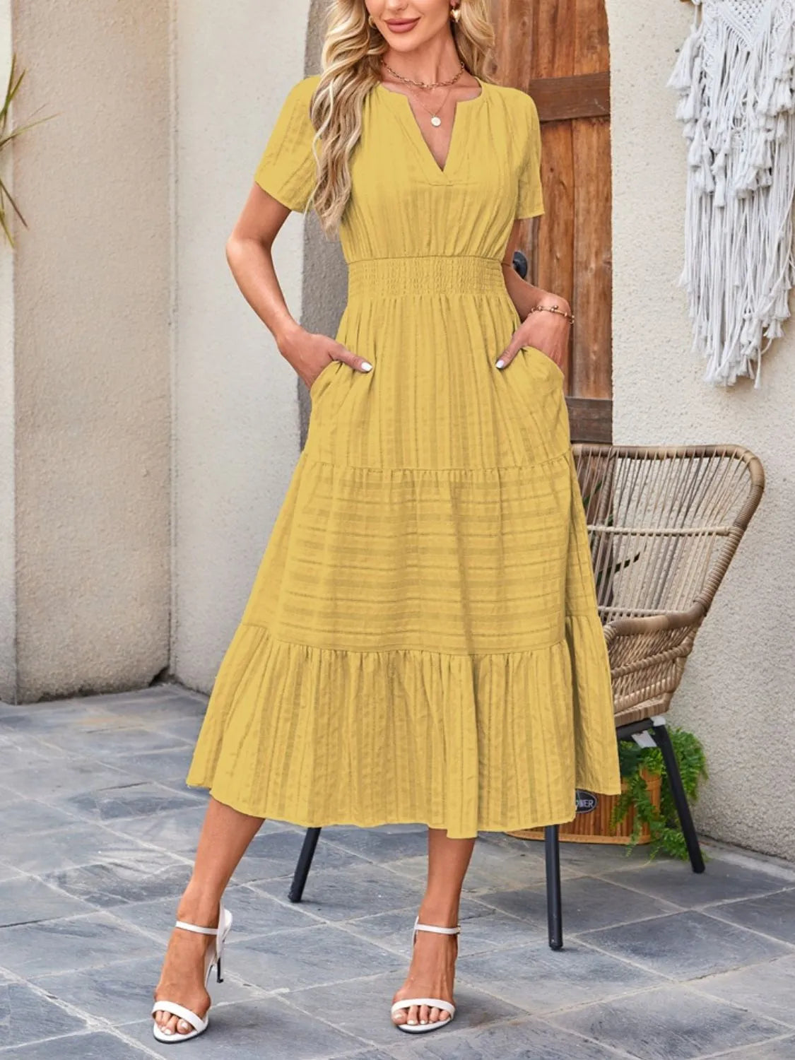 Tiered Notched Short Sleeve Dress - Blushé Belle