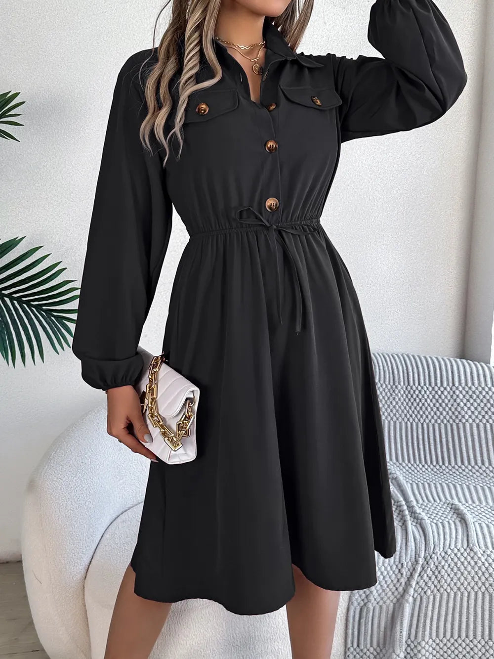 Collared Neck Long Sleeve Dress with Pockets - Blushé Belle