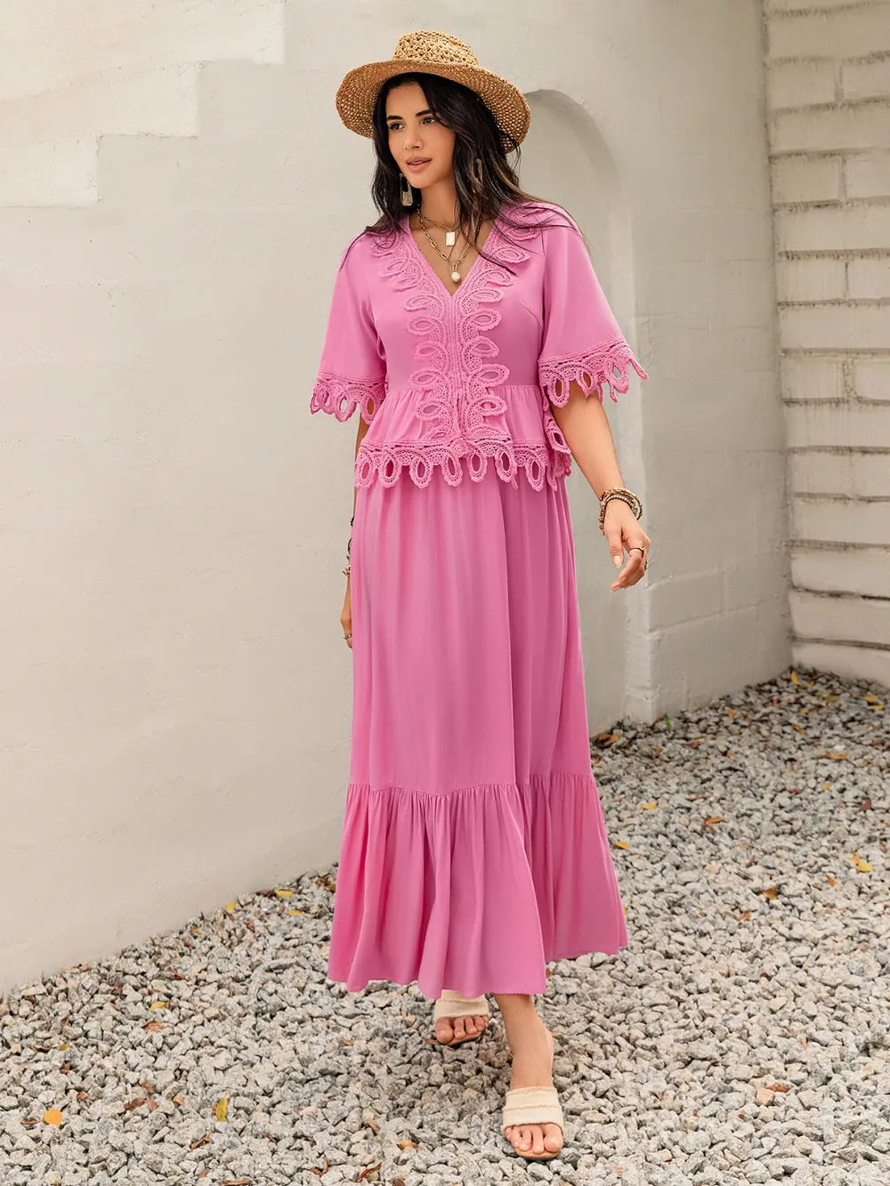 Lace Detail V-Neck Half Sleeve Midi Dress - Blushé Belle