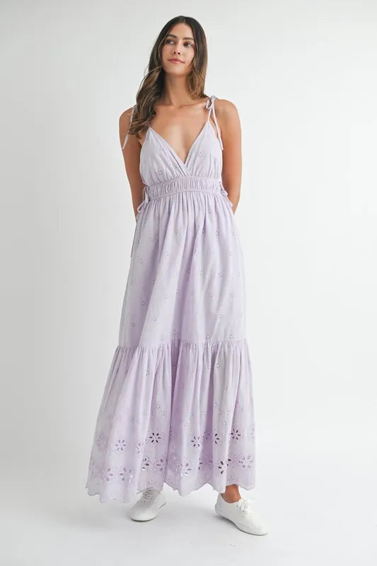 MABLE Eyelet Lace Maxi Dress With Side Strap Details - Blushé Belle