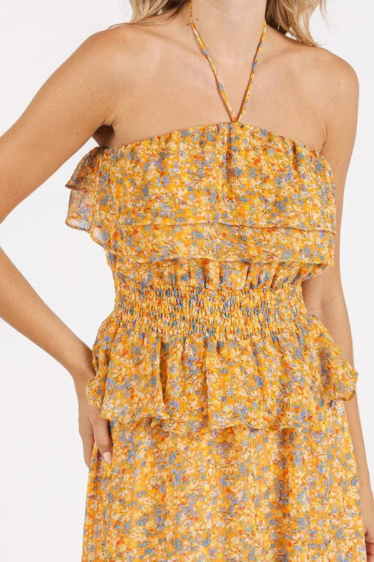 Mittoshop Ruffled Smocked Floral Halter Neck Maxi Dress - Blushé Belle