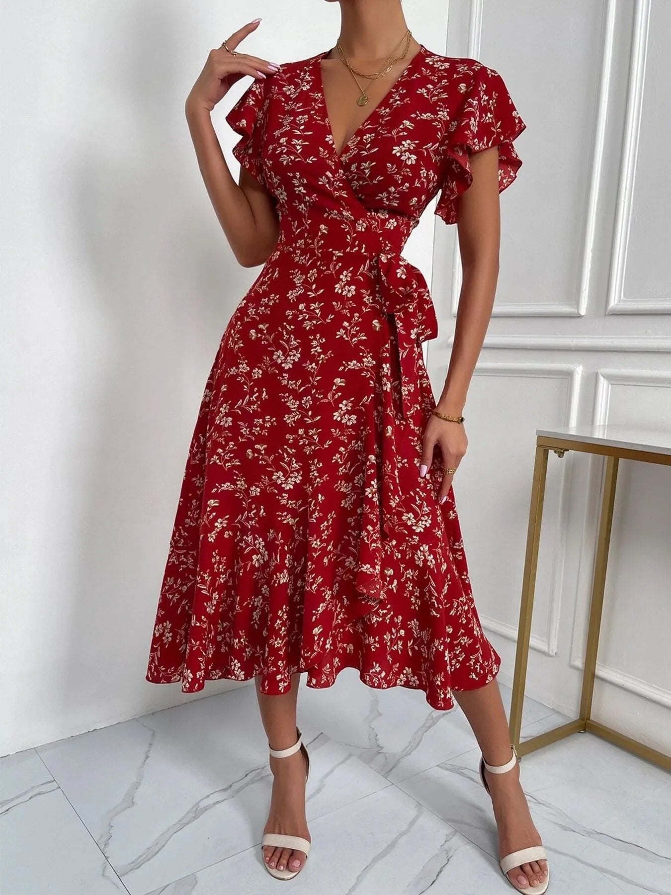 Floral Ruffle Sleeves Midi Dress - Blushé Belle
