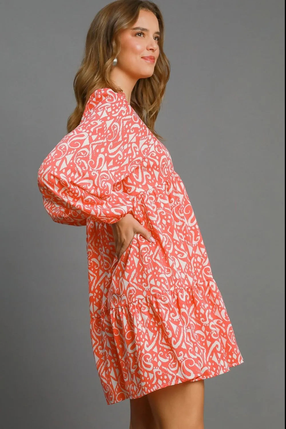 Umgee Full Size Two Tone Print Balloon Sleeve Tiered Dress Plus Size - Blushé Belle