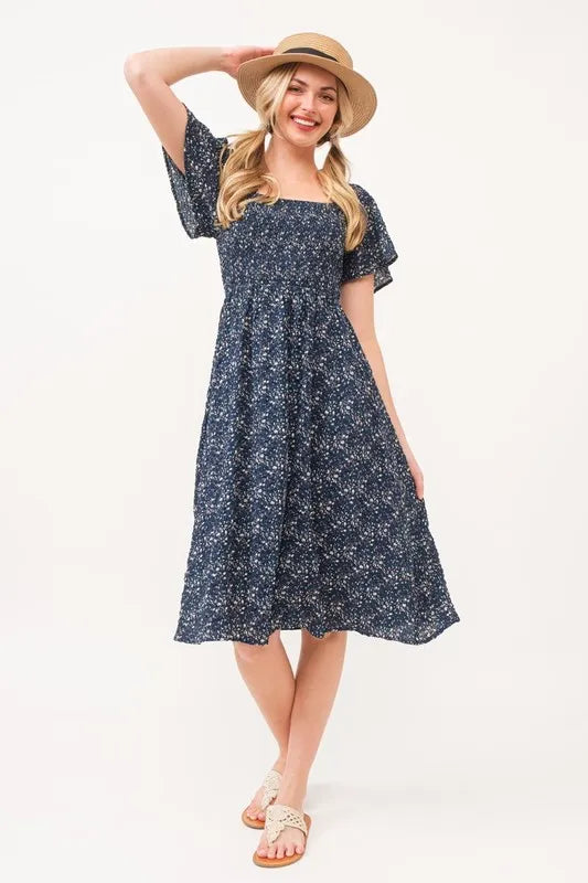 Lime 'N' Chili Smocked Floral Print Flutter Sleeve Midi Dress - Blushé Belle